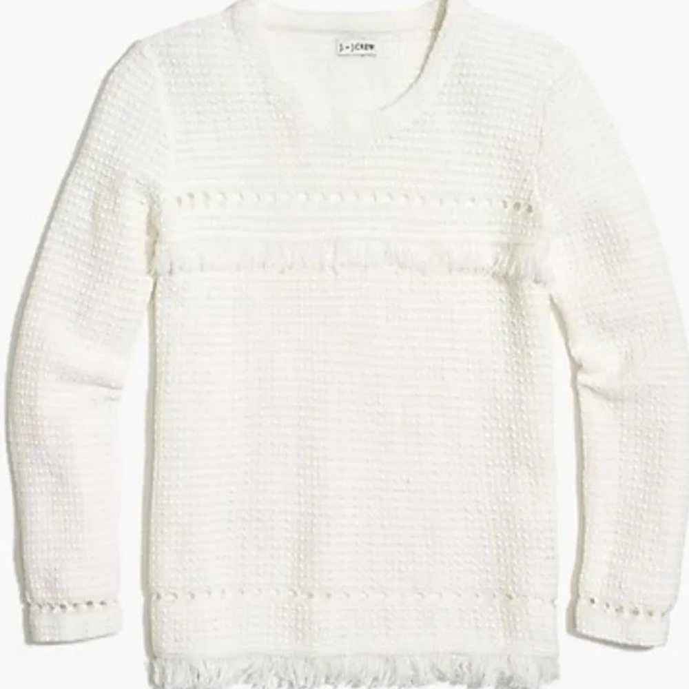 J. Crew White Cotton Open Knit Long-Sleeve Fringe Sweater Style L3537 Size Large